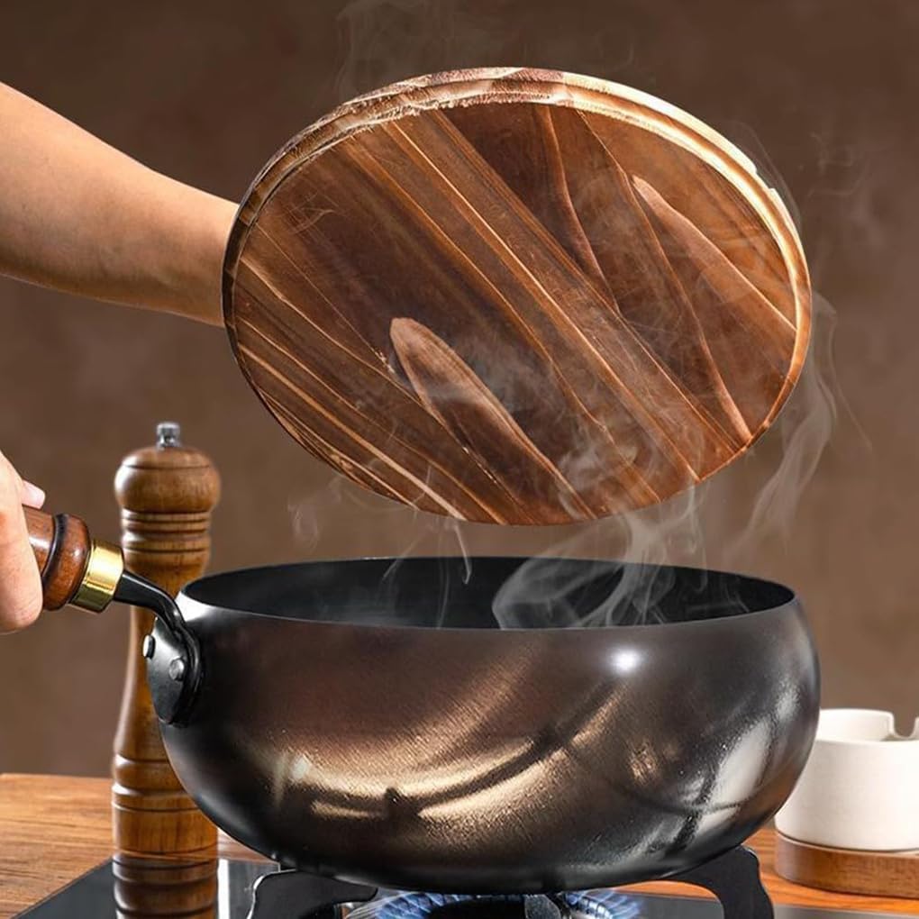 Wokpfanne – Mit Bambusdeckel – Für sanftes Braten – Mit Holzgriff