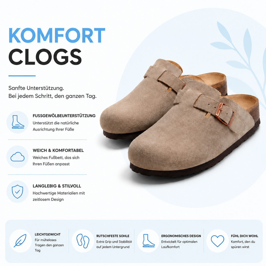 Luvikar ComfortClog – Suède Hausschuh mit Fußgewölbestütze