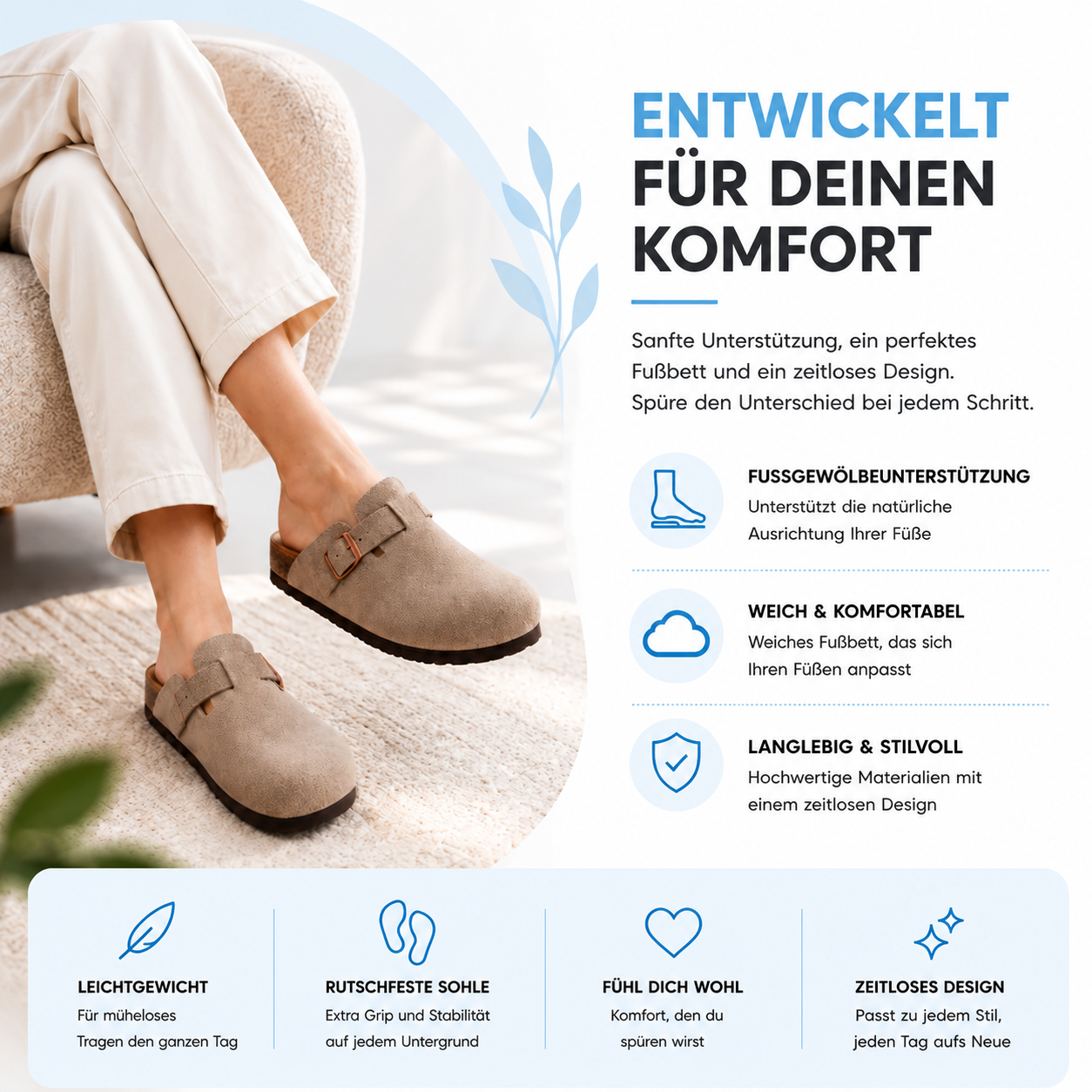 Luvikar ComfortClog – Suède Hausschuh mit Fußgewölbestütze
