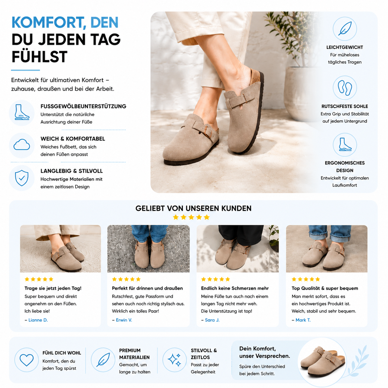Luvikar ComfortClog – Suède Hausschuh mit Fußgewölbestütze
