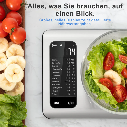 Digitale Lebensmittelwaage mit App-Verbindung – Edelstahl – Für Kalorien- und Nährwertmessung