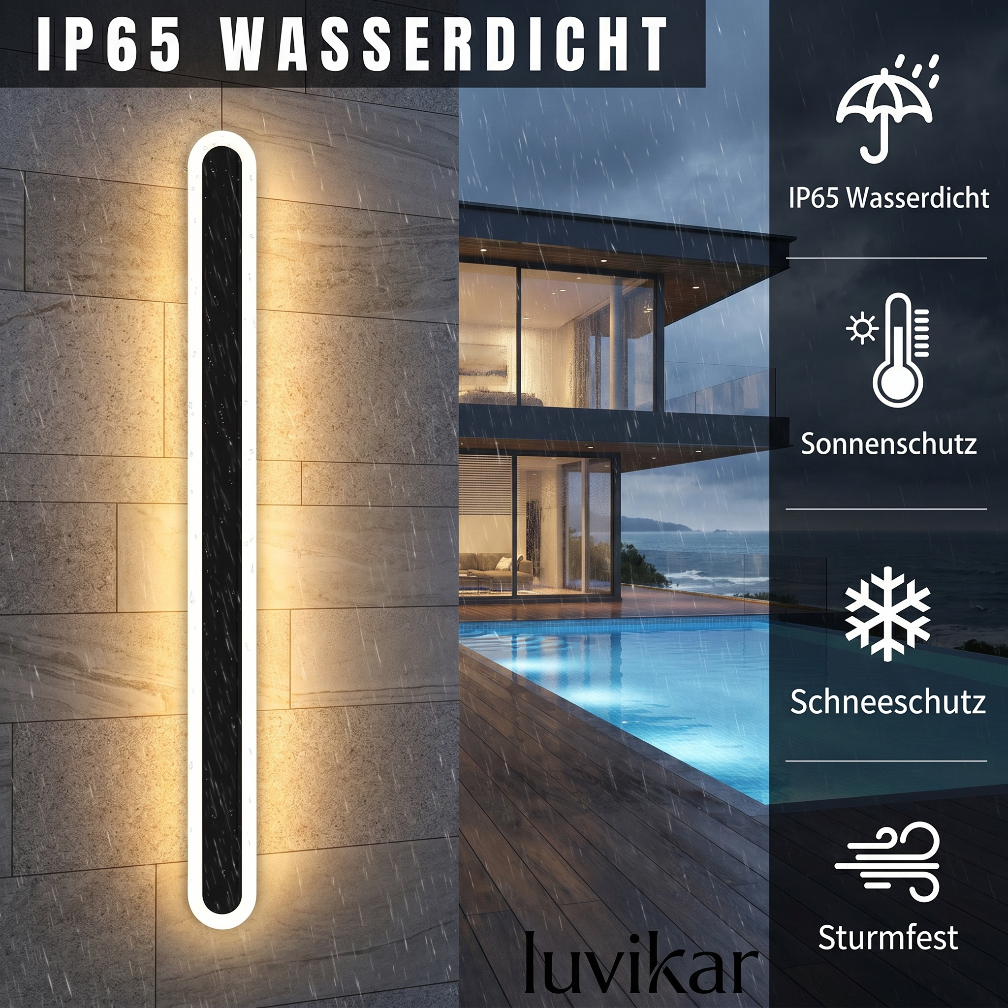 Moderne lange LED Wandlampe – IP65 & schlank – für Fassade & Terrasse