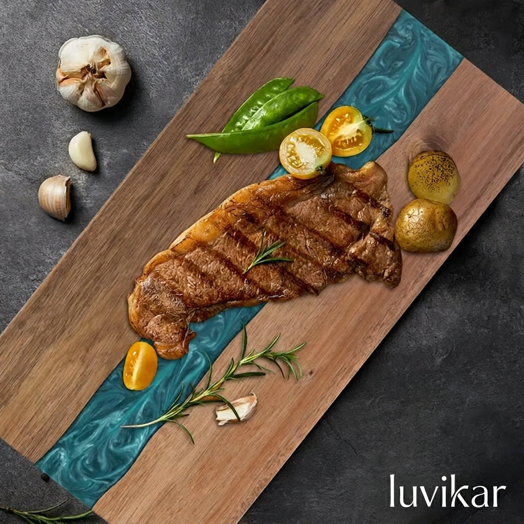 Schneidebrett Akazienholz – Resin River – Servierbrett Charcuterie Küche
